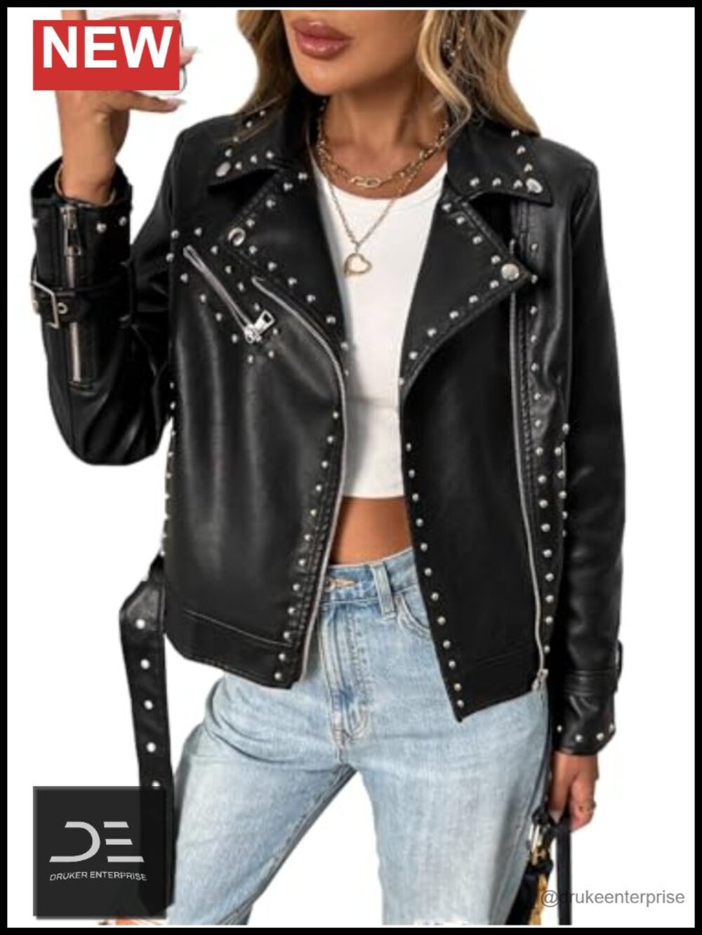 Studded Faux Leather Moto Jacket Asymmetrical Zip Biker Coat